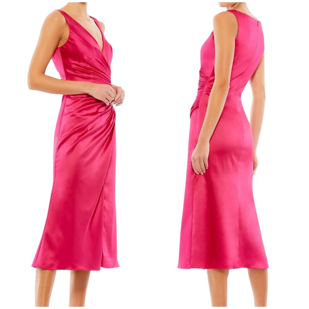 Mac Duggal NWT Pink Satin Ruched V-Neck Faux Wrap Midi Dress Size 4 Sleeveless - Picture 2 of 10
